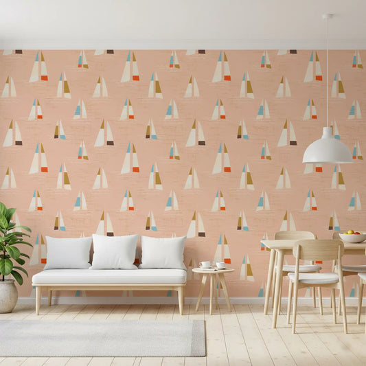 Dining room set in a calm coastal mood by the Peach Mid Century Sailboats Wallpaper