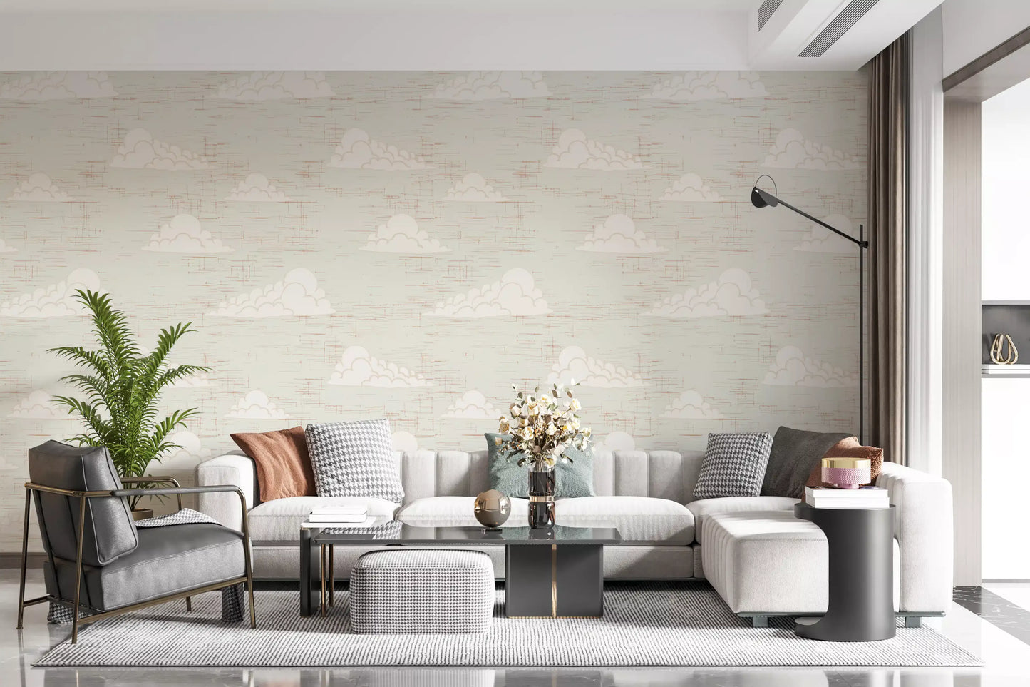 Cream Mid Century Cloud Sky Wallpaper⁠