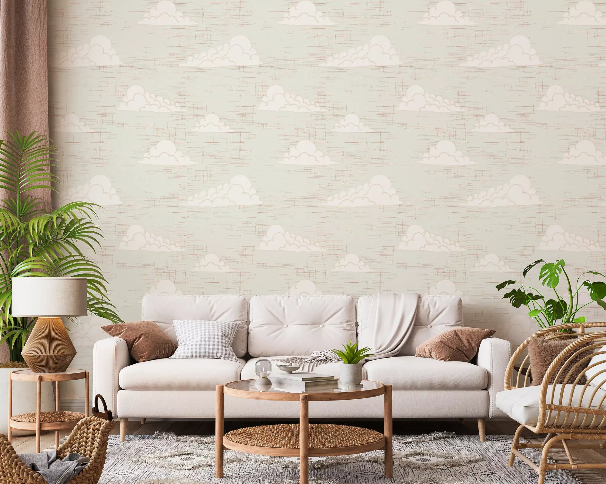Ivory clouds and tiny birds drift over a living room in this Cream Cloud Sky wallpaper.