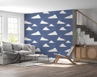 Dusty Blue Mid Century Cloud Sky  Wallpaper⁠