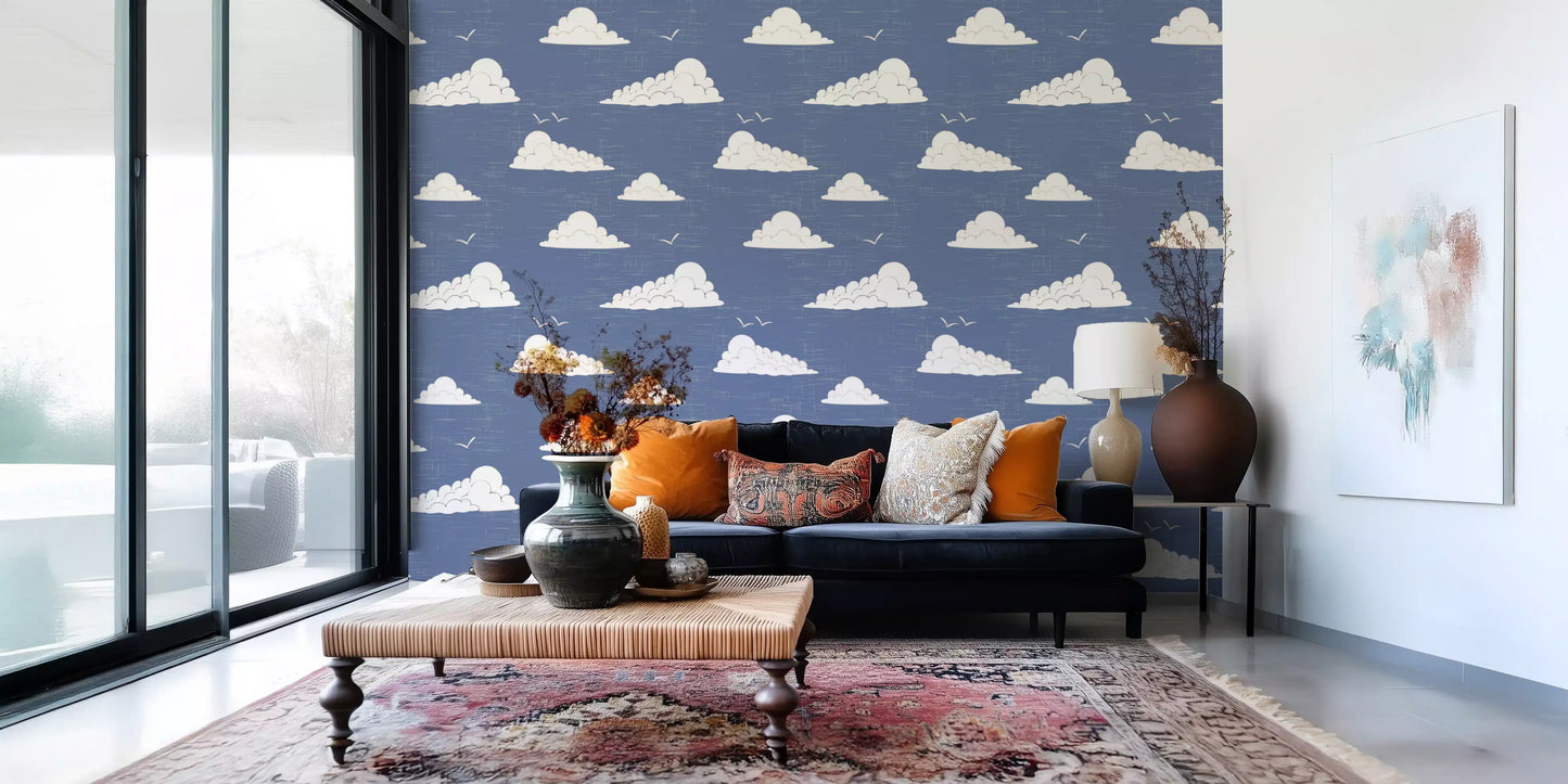 Dusty Blue Mid Century Cloud Sky  Wallpaper⁠