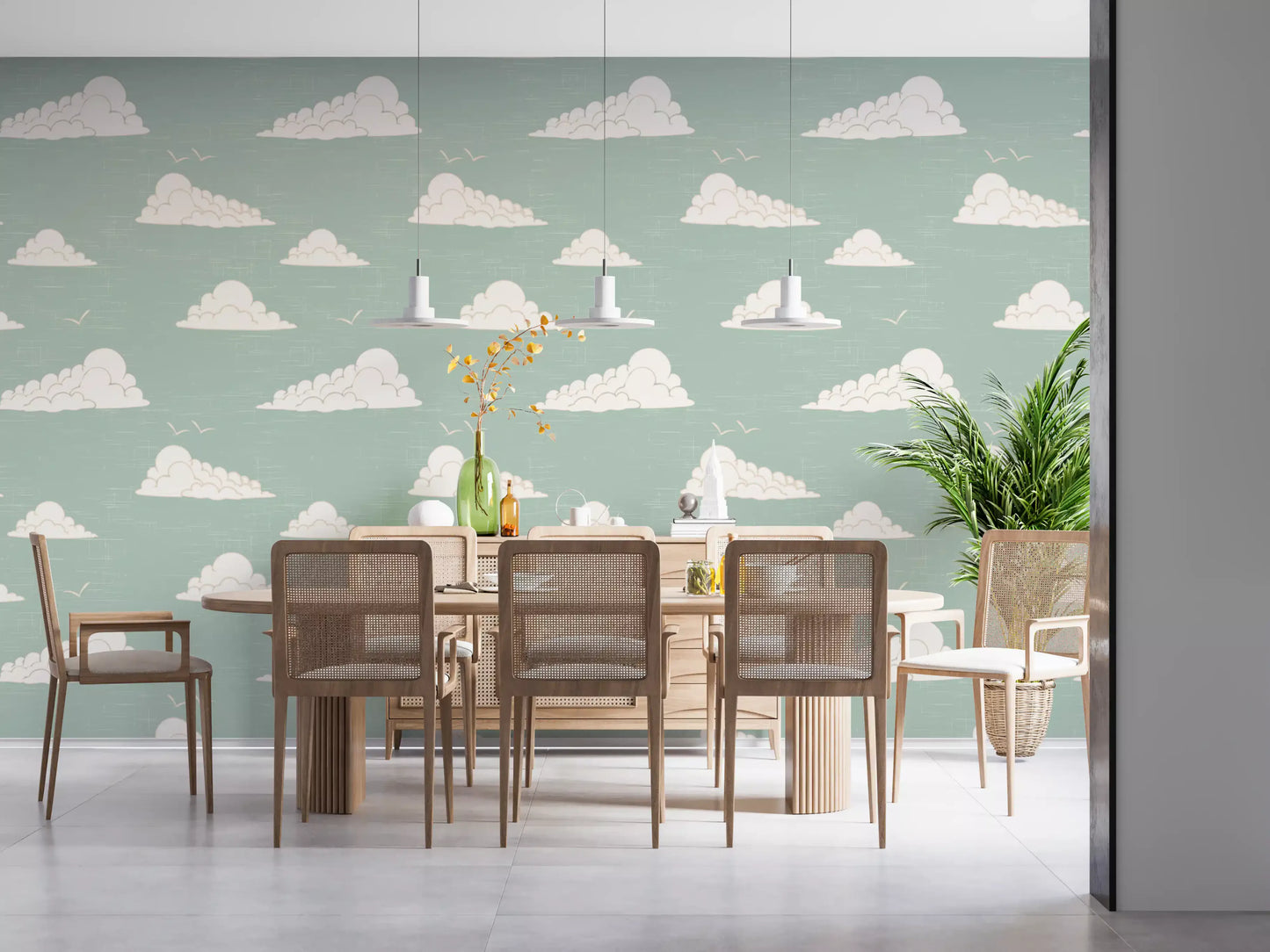 Light Sage Mid Century Cloud Sky Wallpaper Wallpaper⁠
