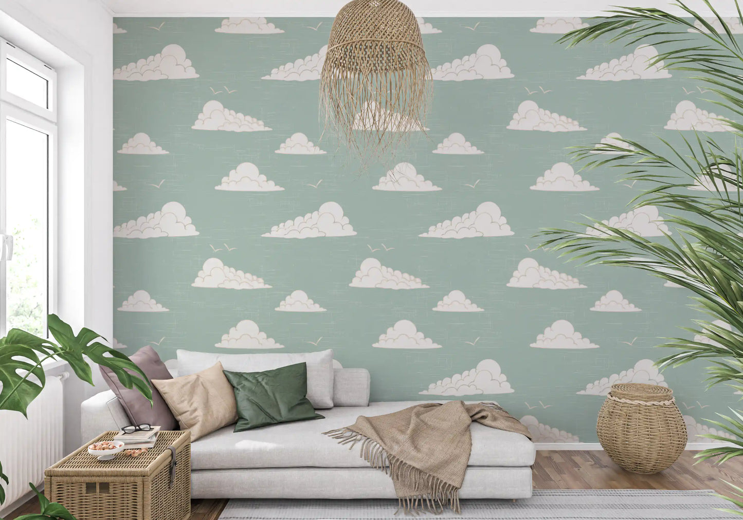 Light Sage Mid Century Cloud Sky Wallpaper Wallpaper⁠