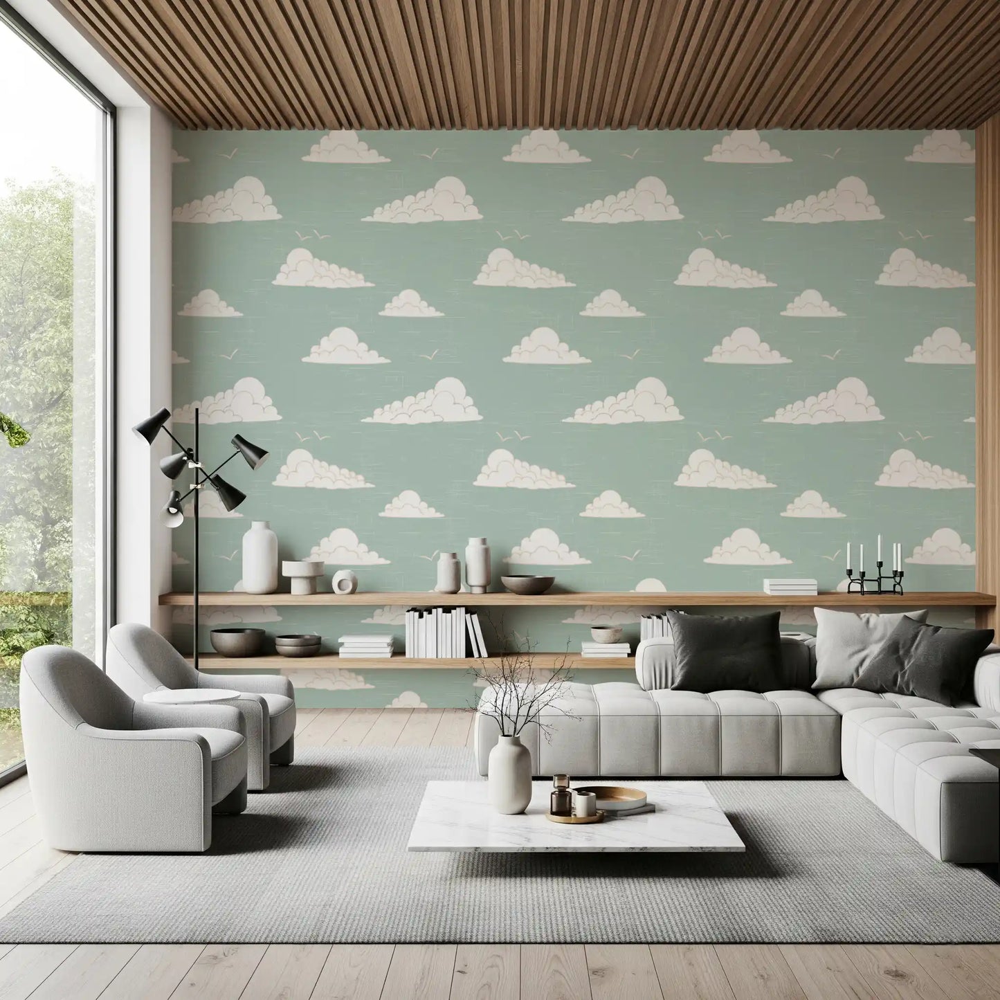 Light Sage Mid Century Cloud Sky Wallpaper Wallpaper⁠