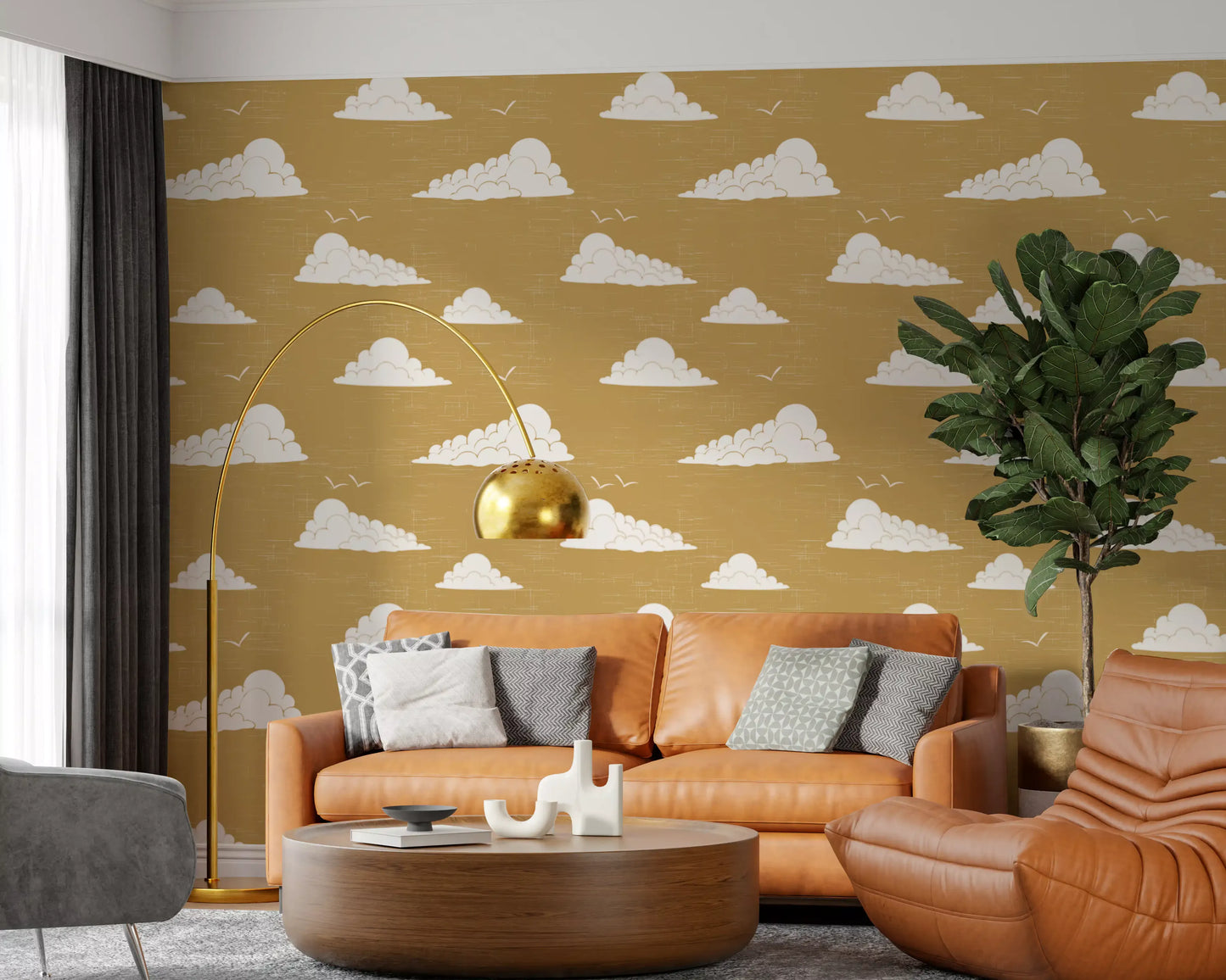 Mustard Mid Century Cloud Sky Wallpaper Wallpaper⁠