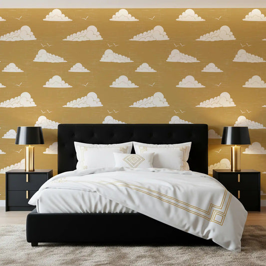 Bedroom set in a warm gold mood by the Mustard Mid-Century Cloud Sky Wallpaper