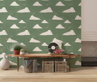 Sage Green Mid Century Cloud Sky Wallpaper Wallpaper⁠