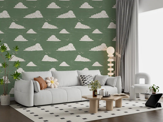 Daylight living room scene paired with Mid-Century Cloud Sky wallpaper in green.