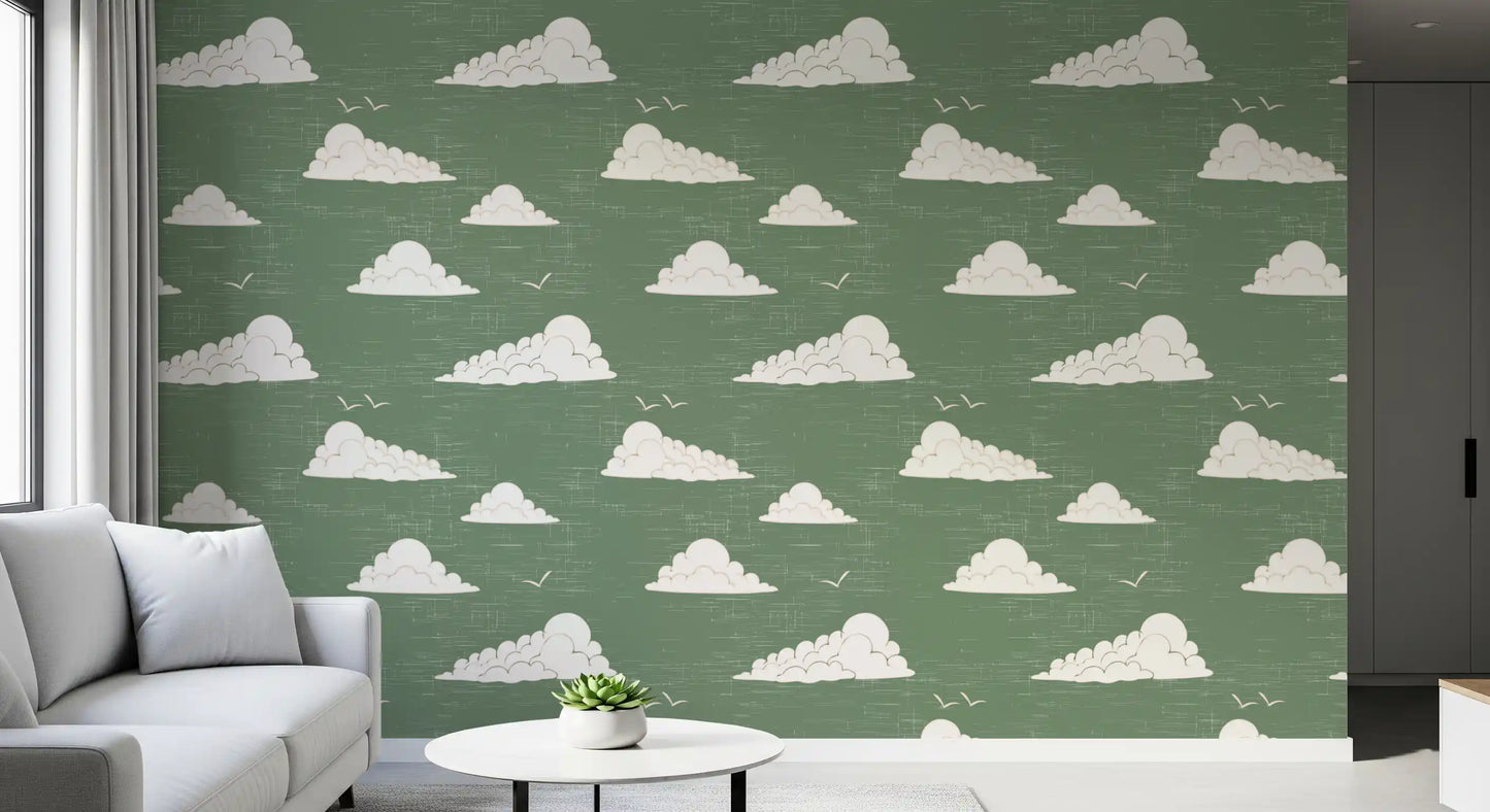 Sage Green Mid Century Cloud Sky Wallpaper Wallpaper⁠