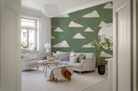 Sage Green Mid Century Cloud Sky Wallpaper Wallpaper⁠