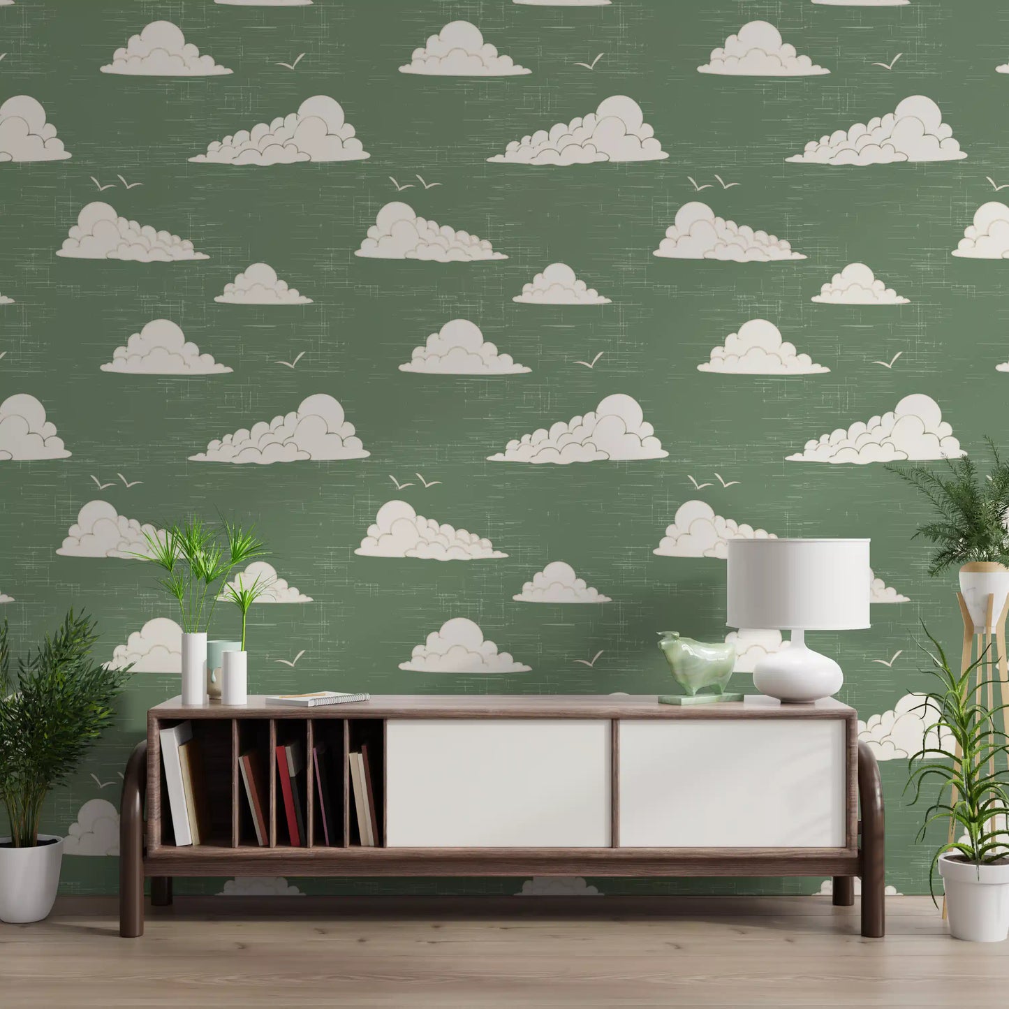 Sage Green Mid Century Cloud Sky Wallpaper Wallpaper⁠