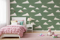 Sage Green Mid Century Cloud Sky Wallpaper Wallpaper⁠
