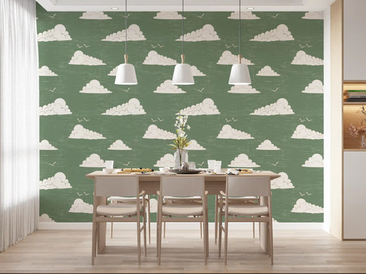 Cream clouds drift over the dining room as Sage Green Cloud Sky wallpaper backdrop.