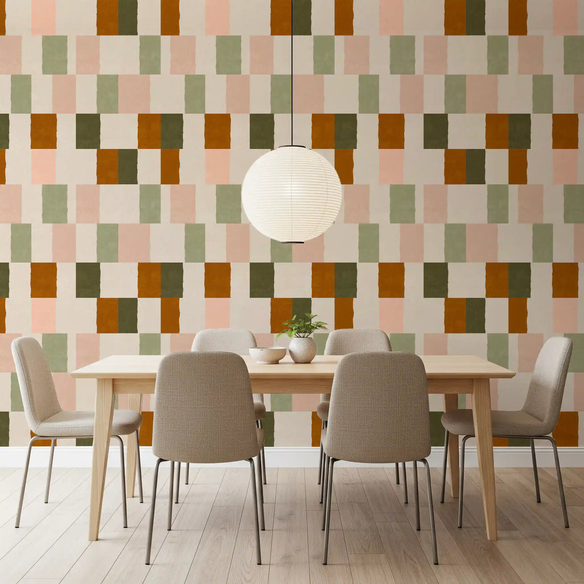 Offset blocks fill a Dining room corner with this Olive Earth geometric wallpaper.