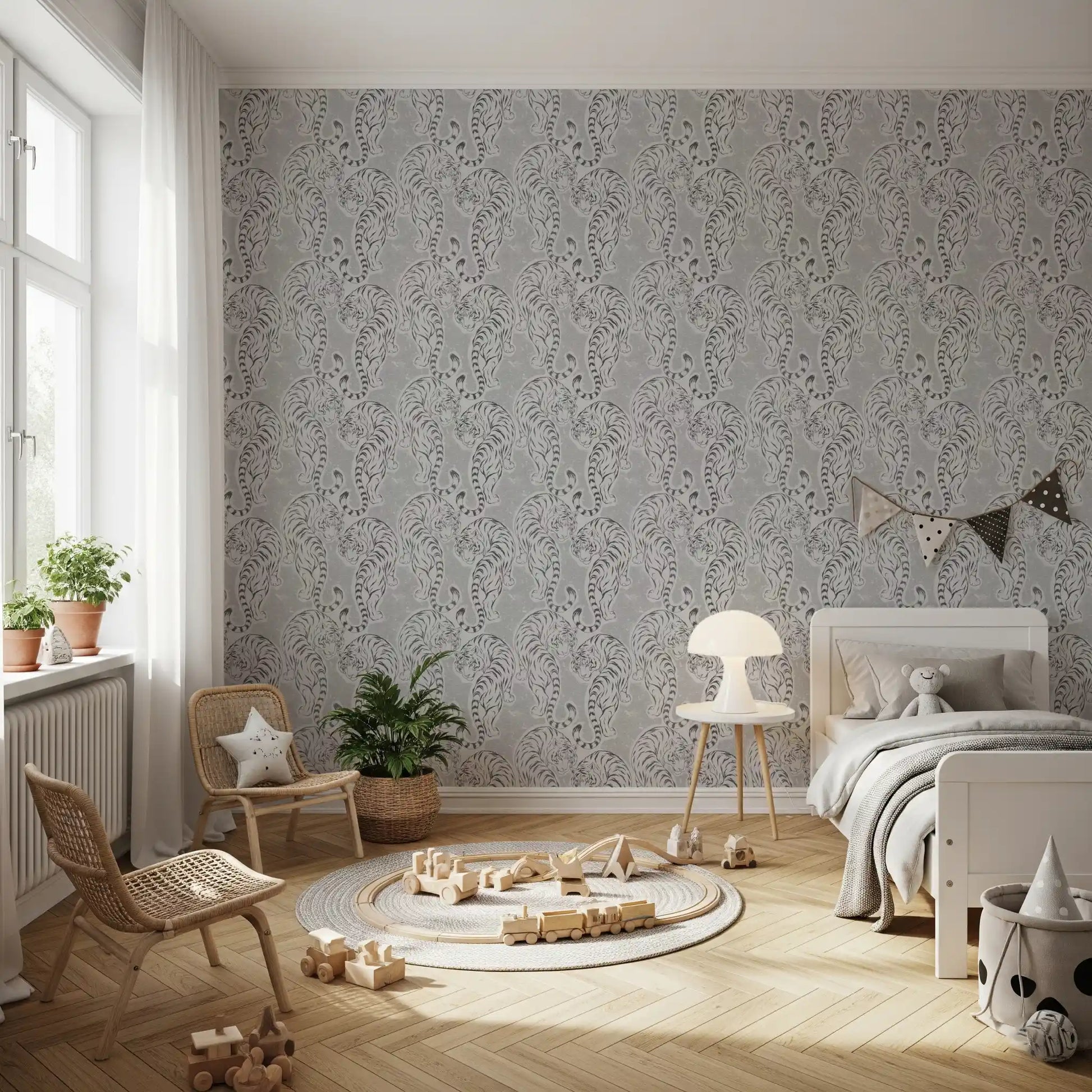 Striped tigers shape a Kids room with this Vintage Tiger wallpaper feature.