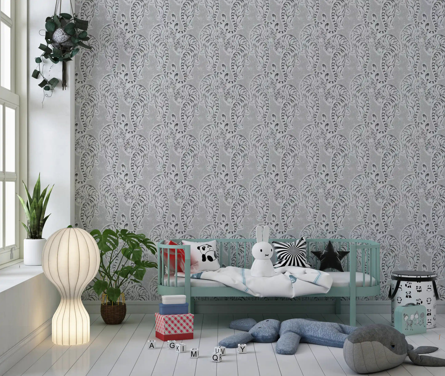 Curling tails and shadowed stripes layer a Nursery in Tiger wallpaper gray tones.