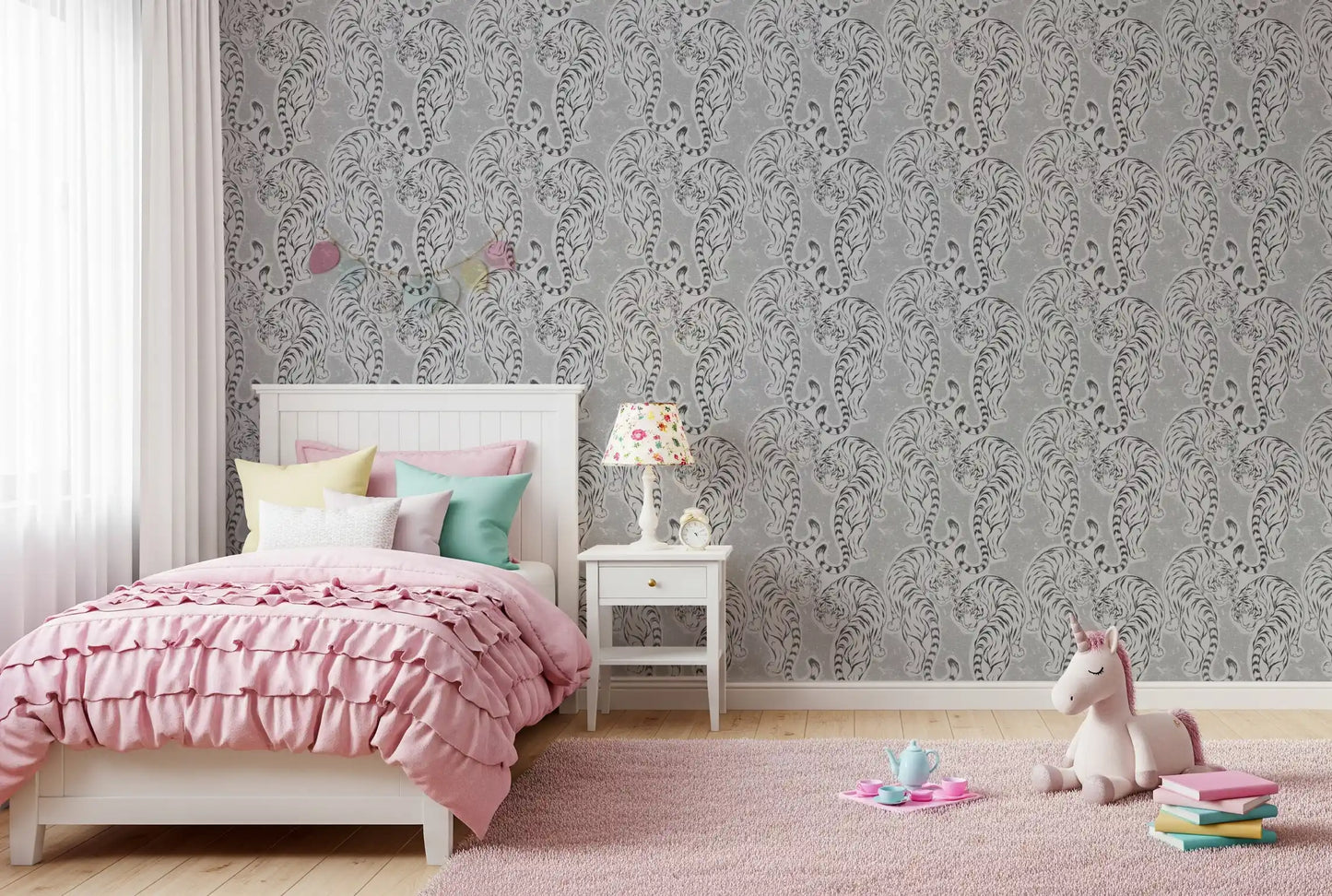 A Kids room feature drawn in vintage tigers across Monochrome Tiger wallpaper.