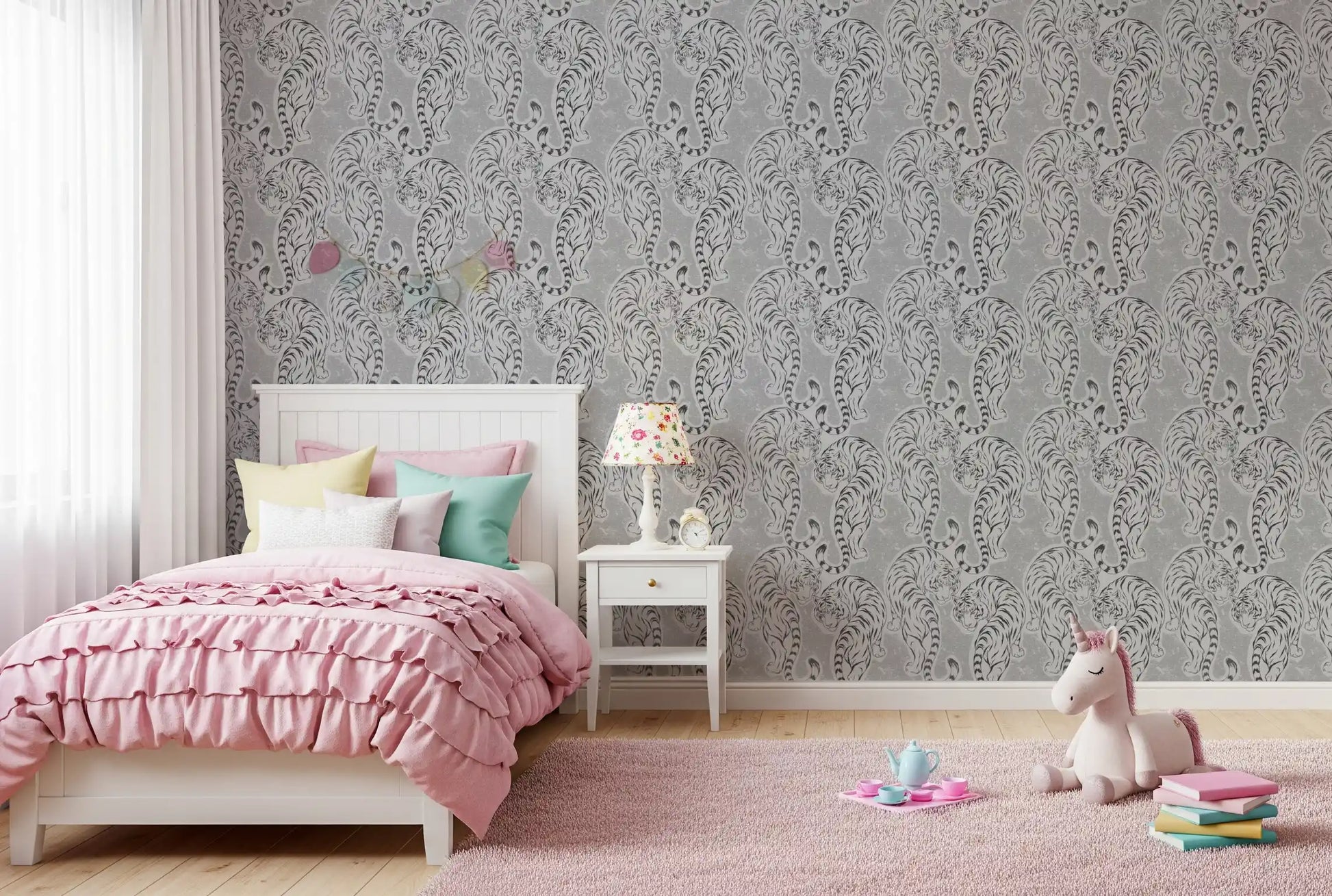 A Kids room feature drawn in vintage tigers across Monochrome Tiger wallpaper.