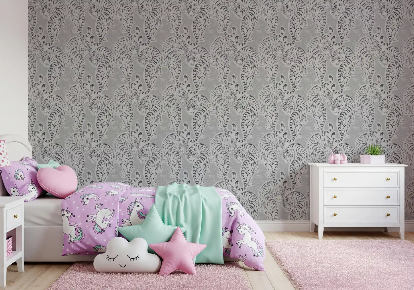 Vintage Monochrome Tiger wallpaper fills a kids' room with sketched gray tigers.