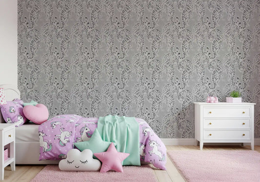 Vintage Monochrome Tiger wallpaper fills a kids' room with sketched gray tigers.