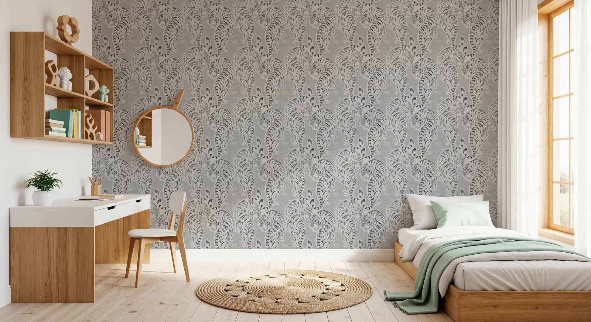 Gray-on-gray illustration warms a bedroom on this Vintage Tiger wallpaper backdrop.