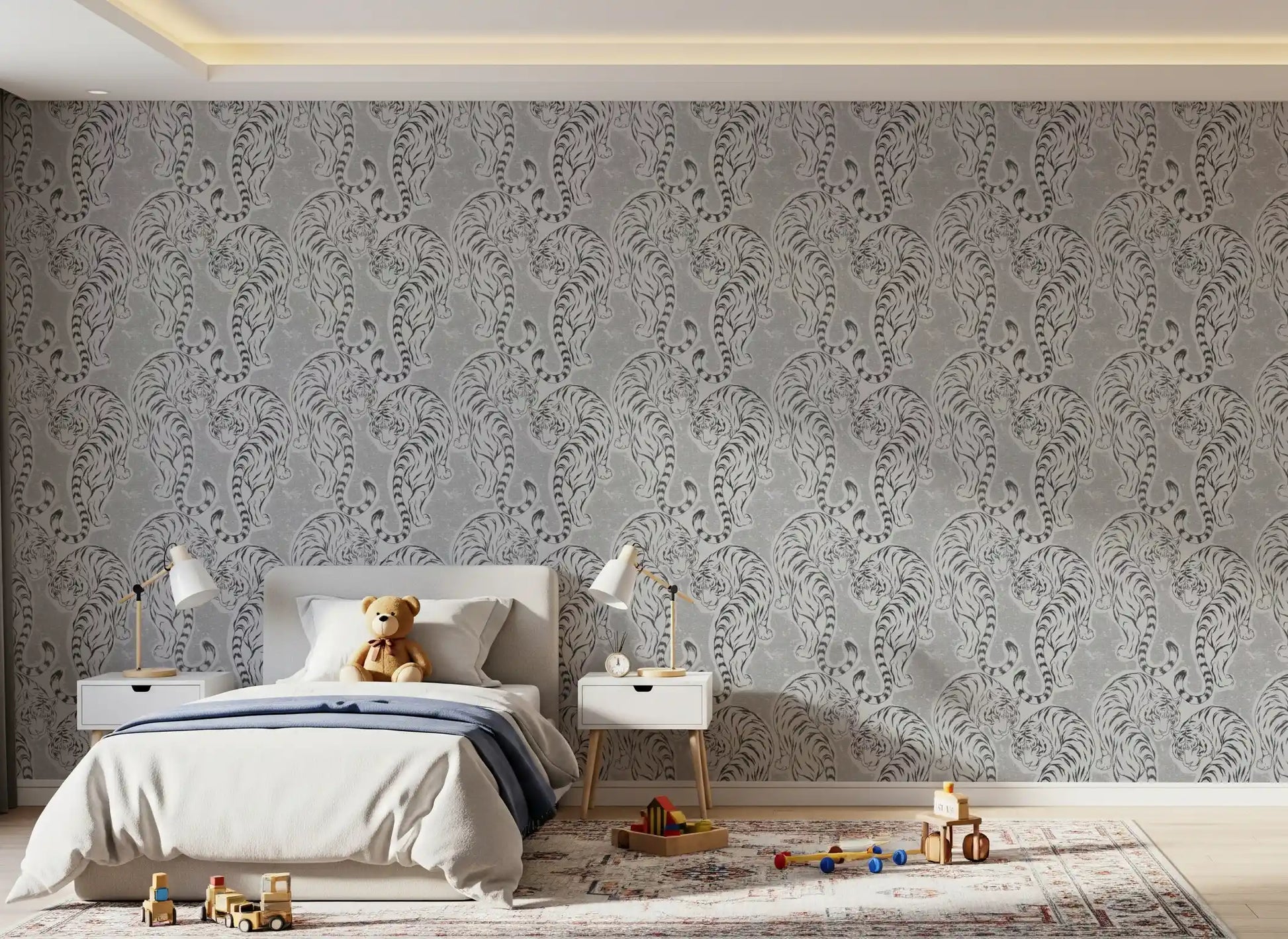 Walking tigers stride down this Vintage Monochrome Tiger wallpaper in pale gray.