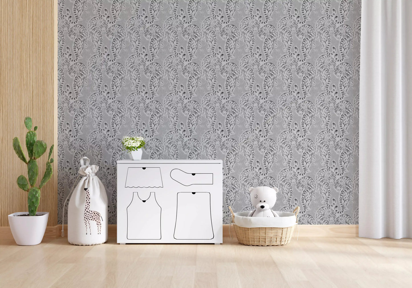 Repeating tiger pairs march across this Vintage Monochrome Tiger wallpaper rhythm.