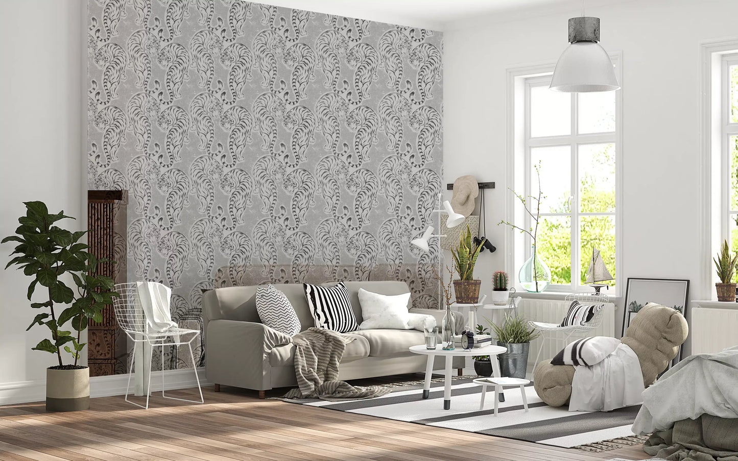 A textured ivory ground supports each tiger on Monochrome Tiger wallpaper pairs.