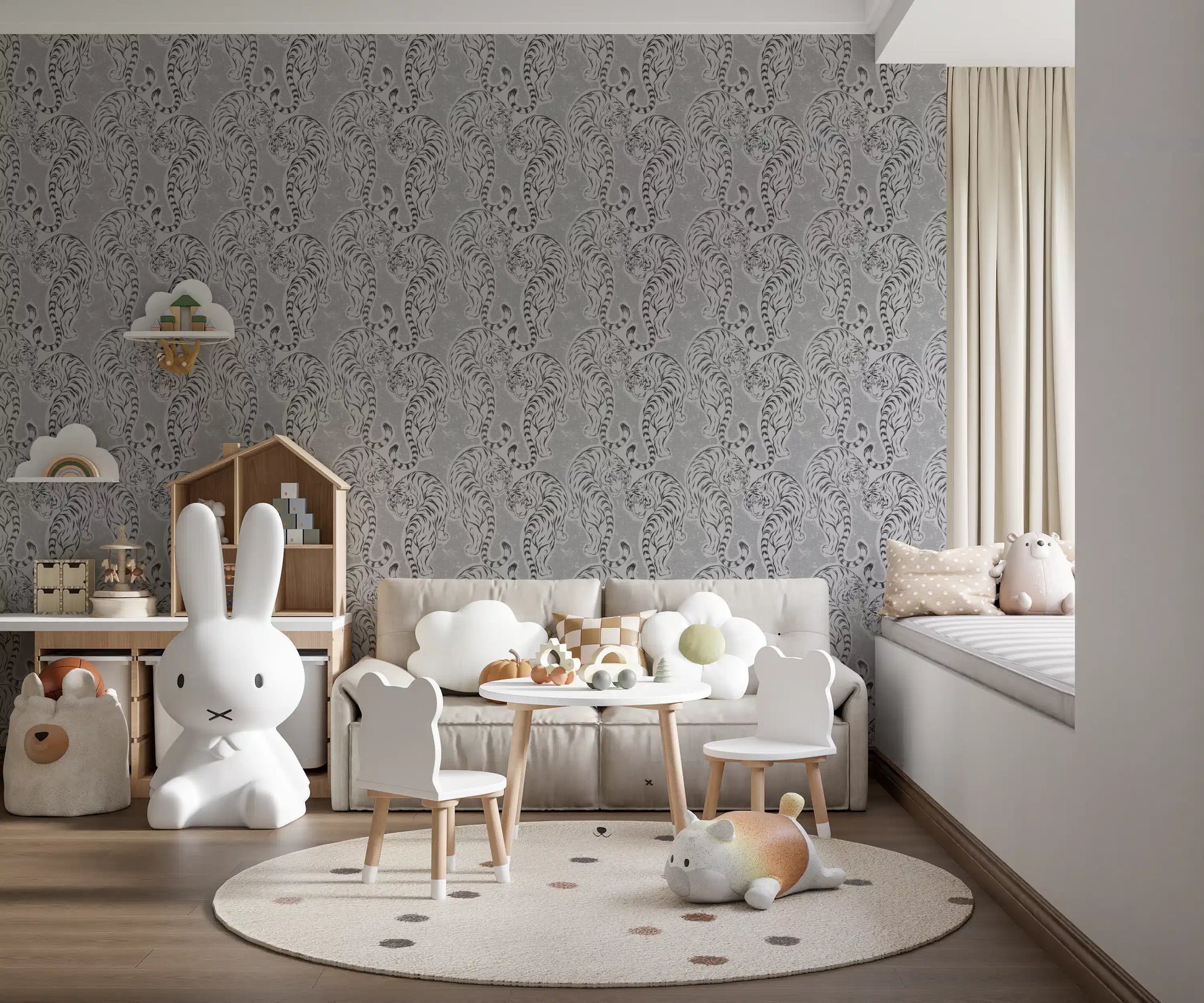 Tigers prowl across a nursery on this Vintage Monochrome Tiger wallpaper.