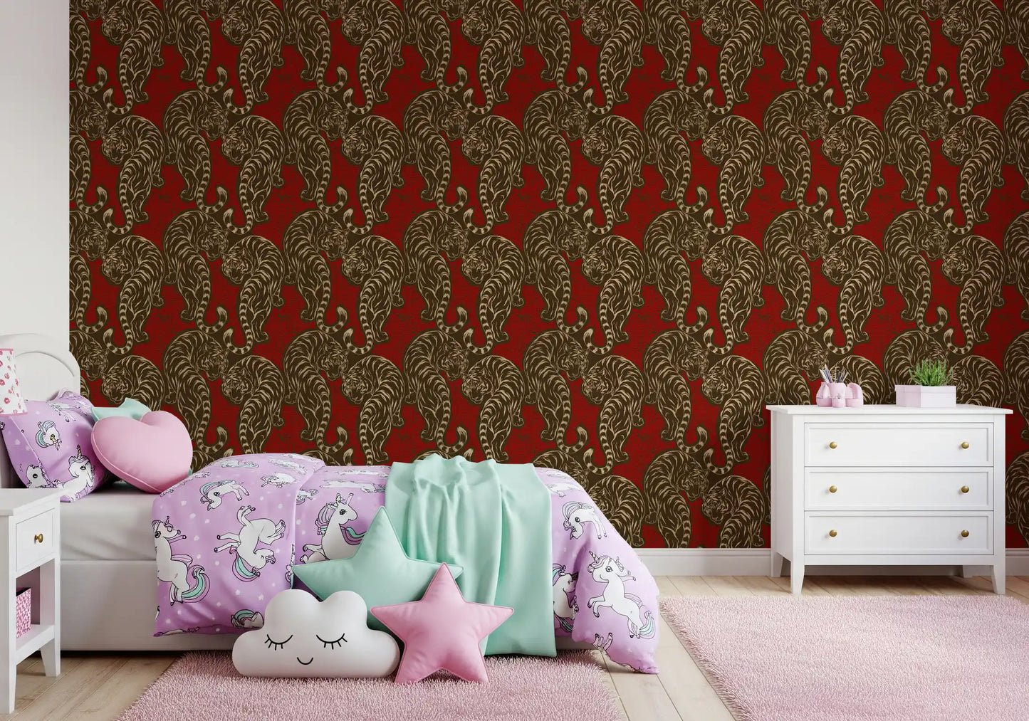 Carved line work shapes each big-cat figure on this Tiger Stripes wallpaper.