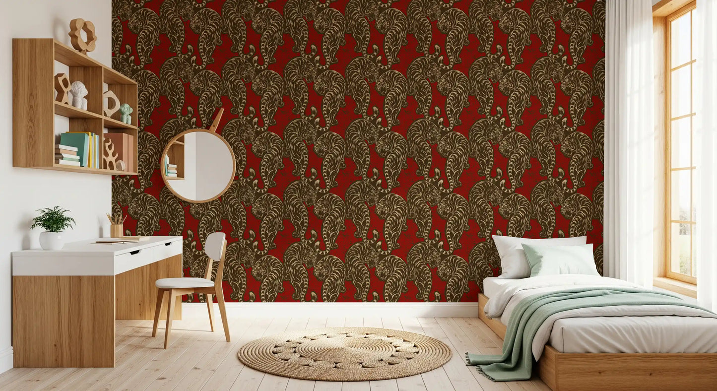 Big-cat motif lifts a kids' room dressed in Imperial Tiger wallpaper.