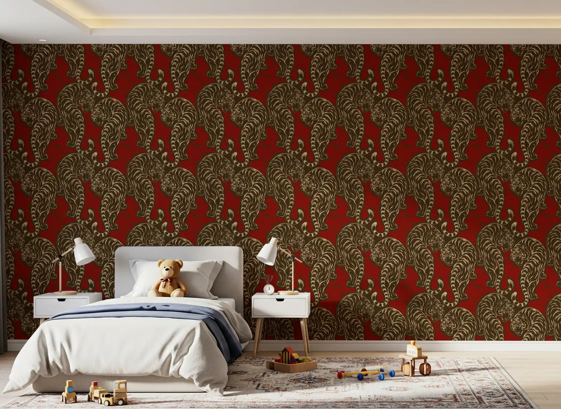 Repeated feline rows fill the Crimson Tiger Stripes wallpaper with steady motion.