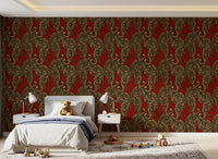 Repeated feline rows fill the Crimson Tiger Stripes wallpaper with steady motion.