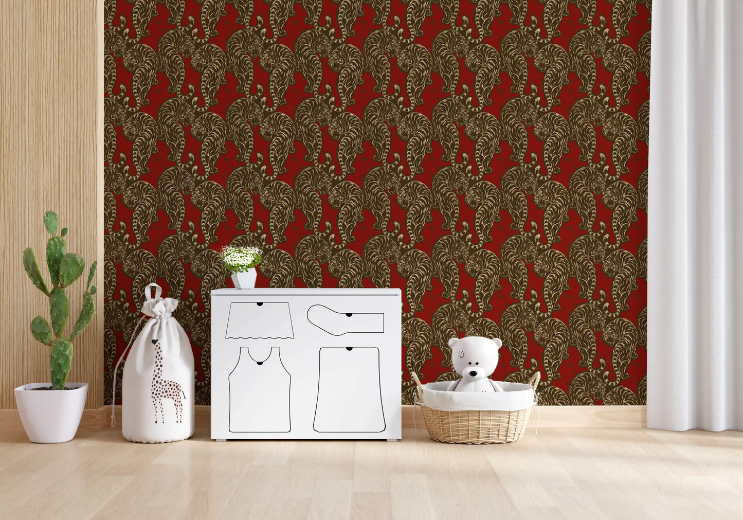 Tiger rows repeat behind a Living area on this Imperial Tiger Pattern wallpaper.