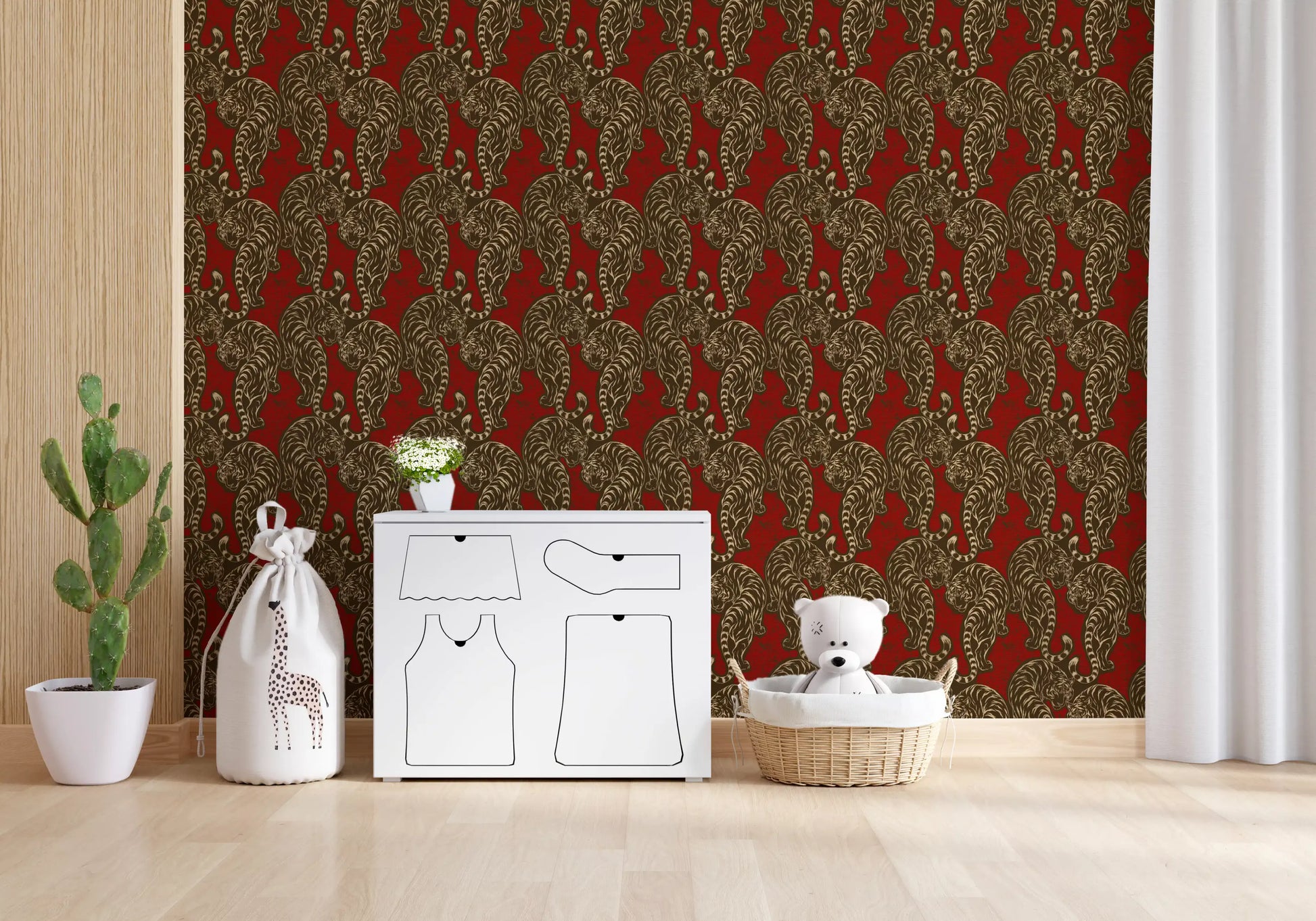 Tiger rows repeat behind a Living area on this Imperial Tiger Pattern wallpaper.