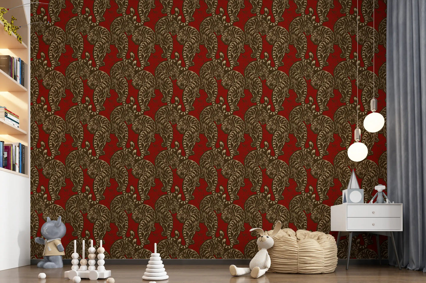Imperial Crimson Tiger wallpaper warms a bold Nursery room with prowling feline stripes.