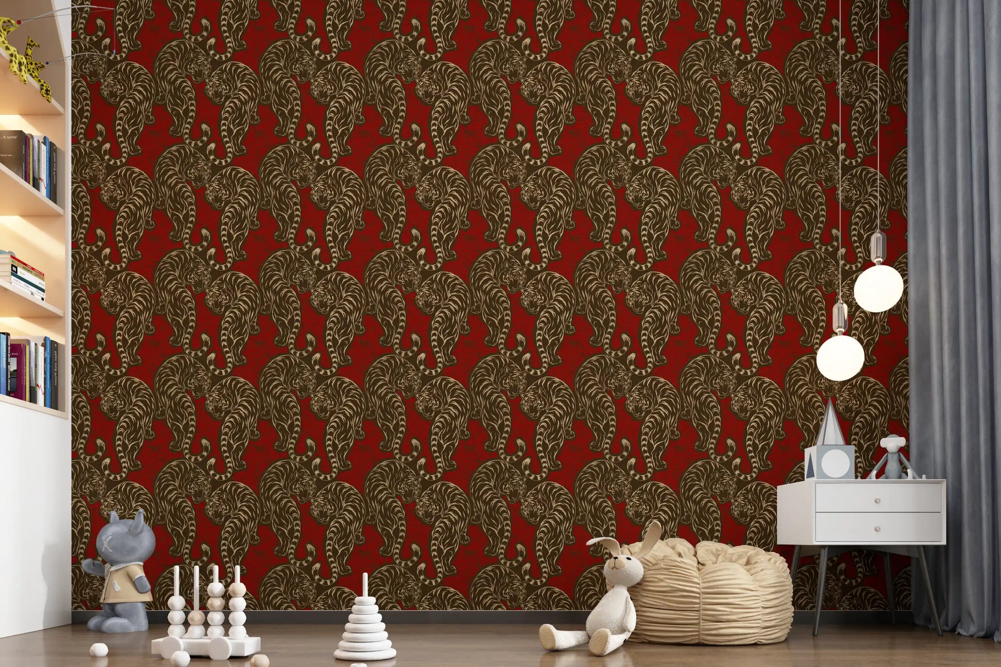 Imperial Crimson Tiger wallpaper warms a bold Nursery room with prowling feline stripes.