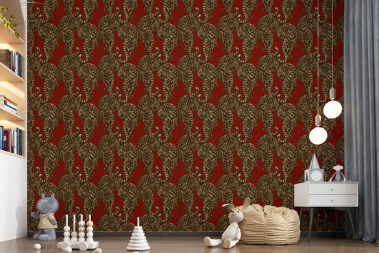 Imperial Crimson Tiger wallpaper warms a bold Nursery room with prowling feline stripes.