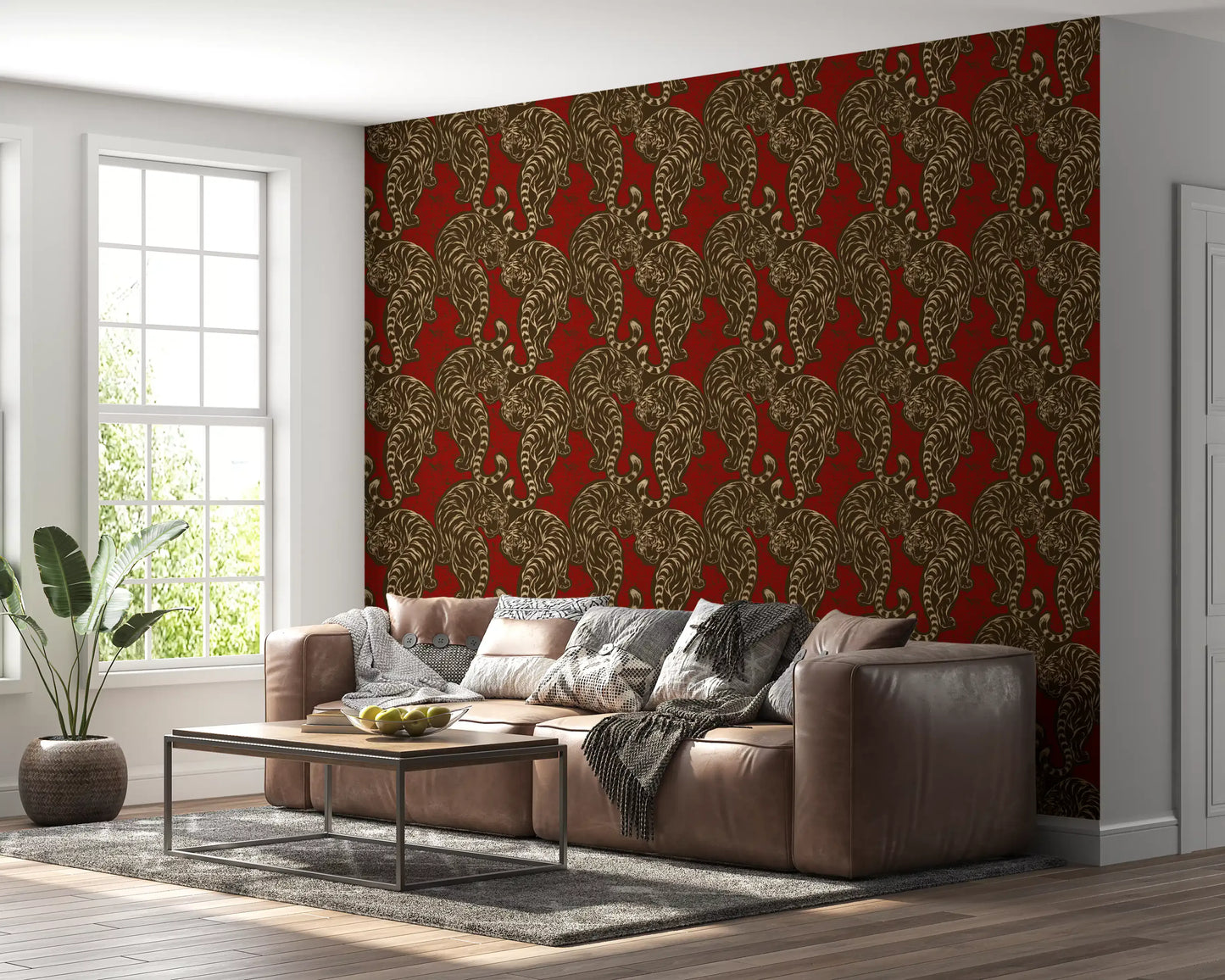 Deep crimson tones fill a relaxed lounge through Imperial Tiger Stripes wallpaper.