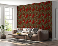 Deep crimson tones fill a relaxed lounge through Imperial Tiger Stripes wallpaper.