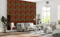 Crimson background frames repeating tiger figures on this Imperial Wallpaper.