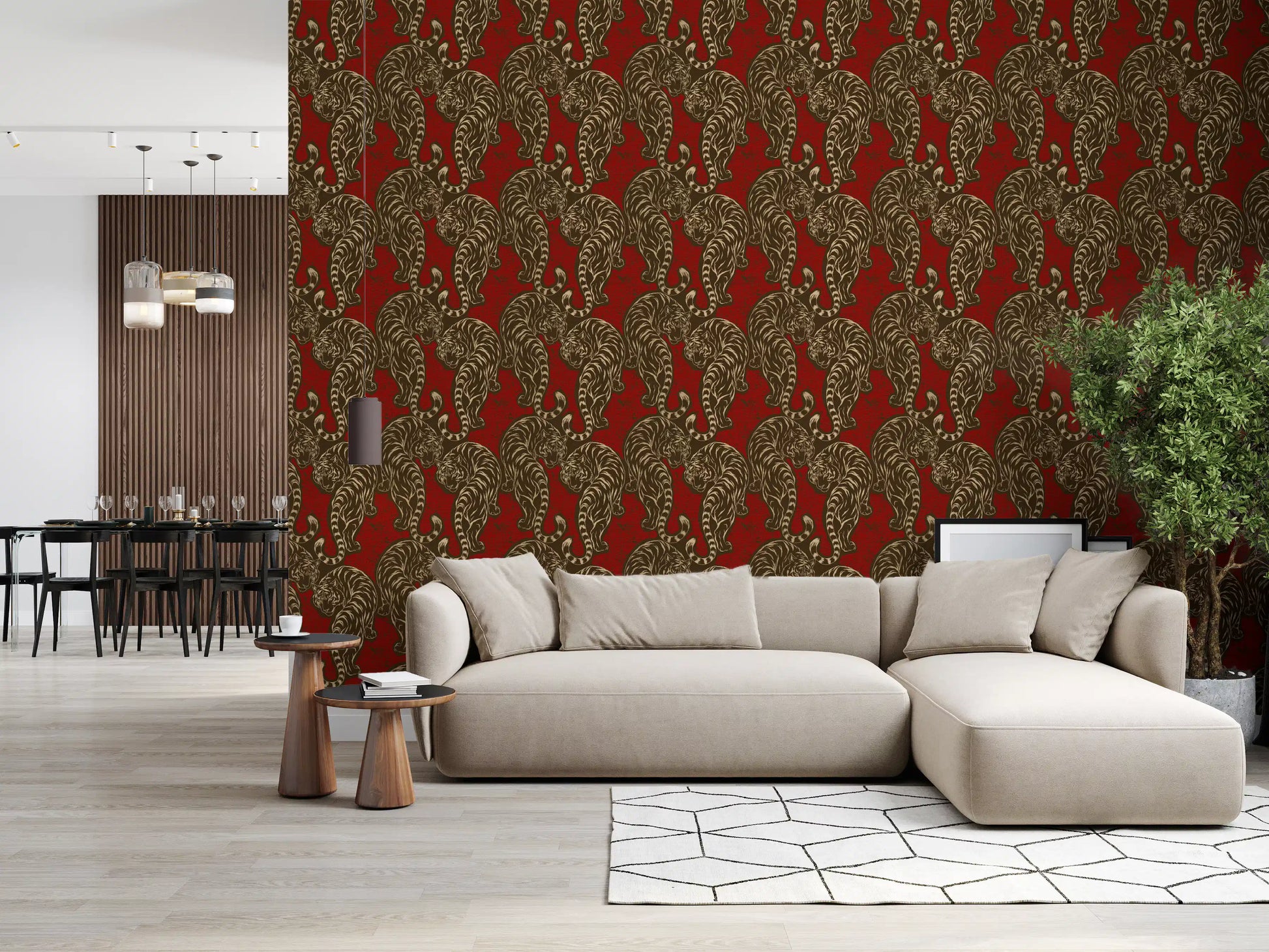 Golden tan tigers stride across the Crimson Tiger wallpaper in a styled Living room .
