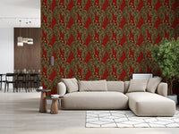 Golden tan tigers stride across the Crimson Tiger wallpaper in a styled Living room .