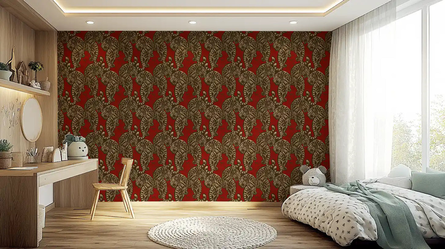 Striped felines line an bedroom in this Crimson Imperial Wallpaper.