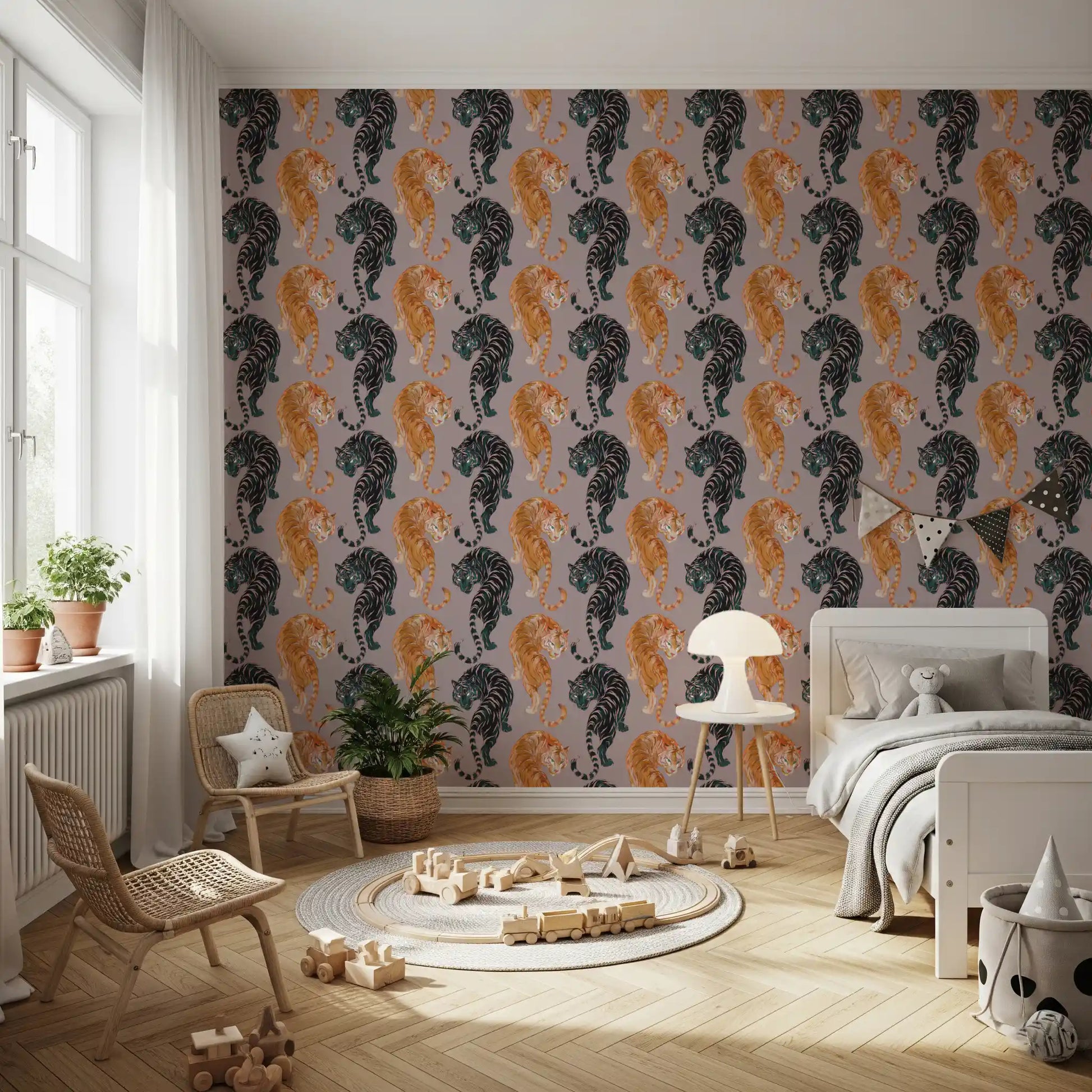 Warm gold and teal cats move across a Kids bedroom within this Tiger Shadow wallpaper.