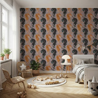 Warm gold and teal cats move across a Kids bedroom within this Tiger Shadow wallpaper.