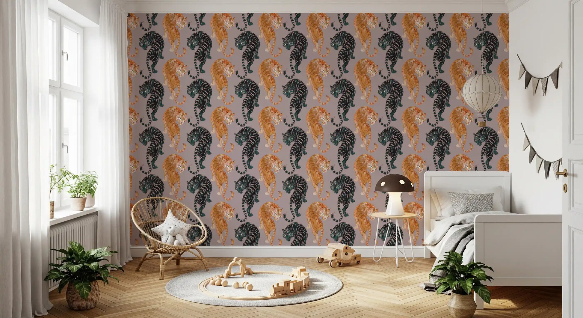 Behind a Kids bedroom, two bold cats stalk over the Imperial Tiger wallpaper repeat.