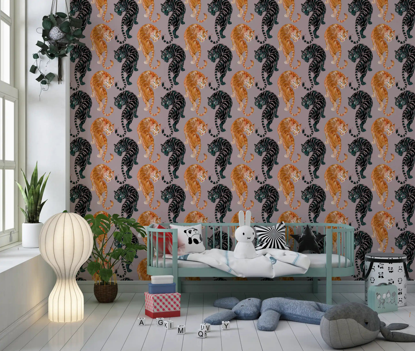 Two prowling tigers face off in a nursery area with this Imperial Tiger wallpaper.