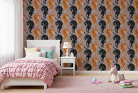Burnt orange and deep teal cats face one another across the Imperial Tiger wallpaper.