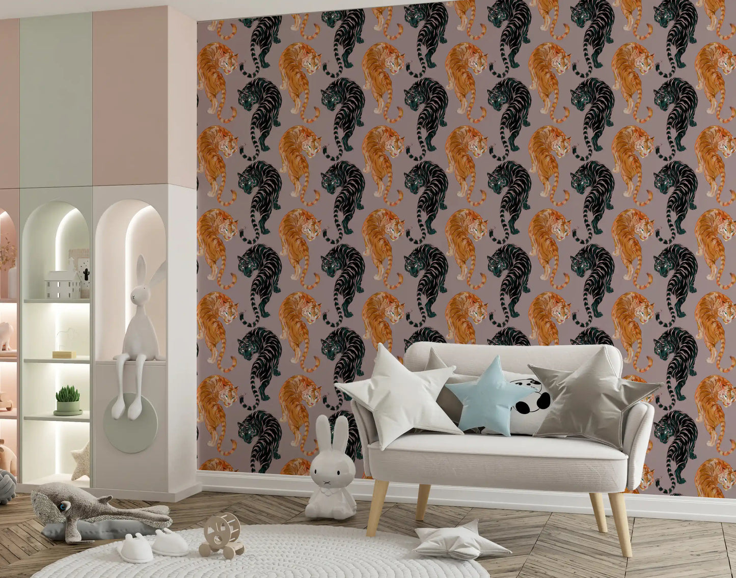 Imperial Tiger wallpaper sits behind a Kids play area as a bold gold and shadow pairing.